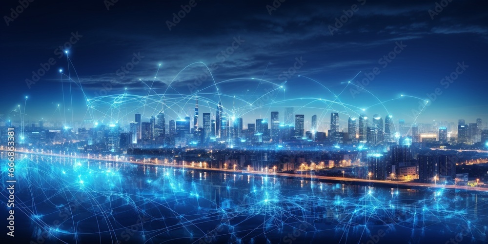 Smart city and big data connection technology concept with digital blue wavy wires with antennas on night megapolis city skyline background, double exposure : Generative AI