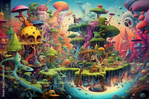 Vivid fantastical imaginative realms, ecological idea portrayed on a multicolored surface. Generative AI