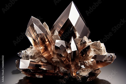 Extreme sharp and detailed closeup macro of amazing glassy Smoky Quartz Crystal mineral stone cluster isolated on white background. Natural pure translucent black/dark brown shiny spec : Generative AI photo