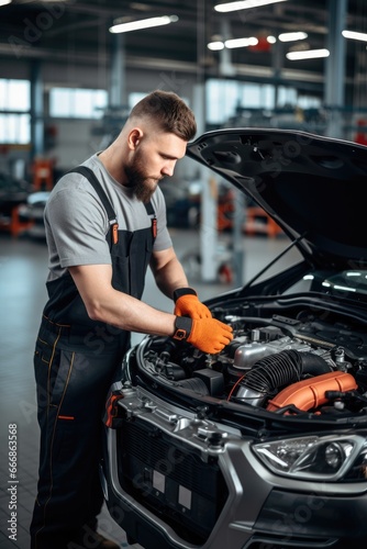 An auto mechanic working on car in a garage