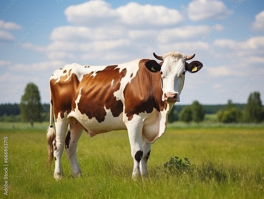 Brown milk cow grazing on green grass at farm grassland. : Generative AI