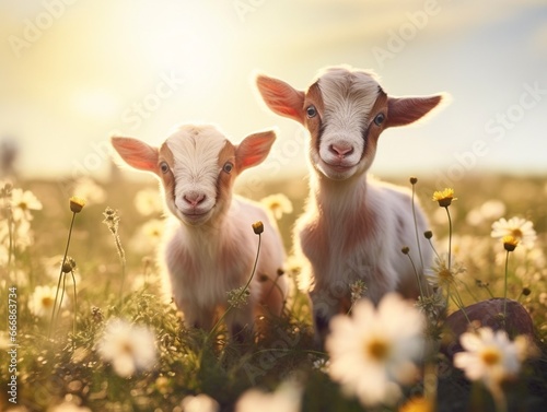 Two little funny baby goats playing in the field with flowers. Farm animals. : Generative AI photo