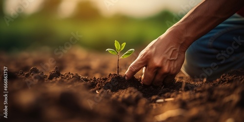 Expert hand of farmer checks quality of soil before sowing. The farmer tests soil the growth quality of seedling.Agriculture concept. : Generative AI photo