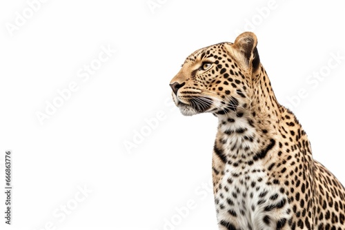 Portrait of leopard standing a looking away proudly, Panthera pardus, against white background : Generative AI