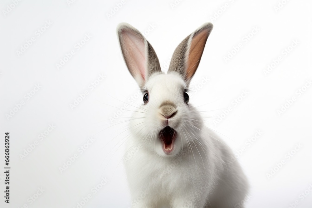 Studio portrait of white rabbit with mouth open against a white backdrop : Generative AI