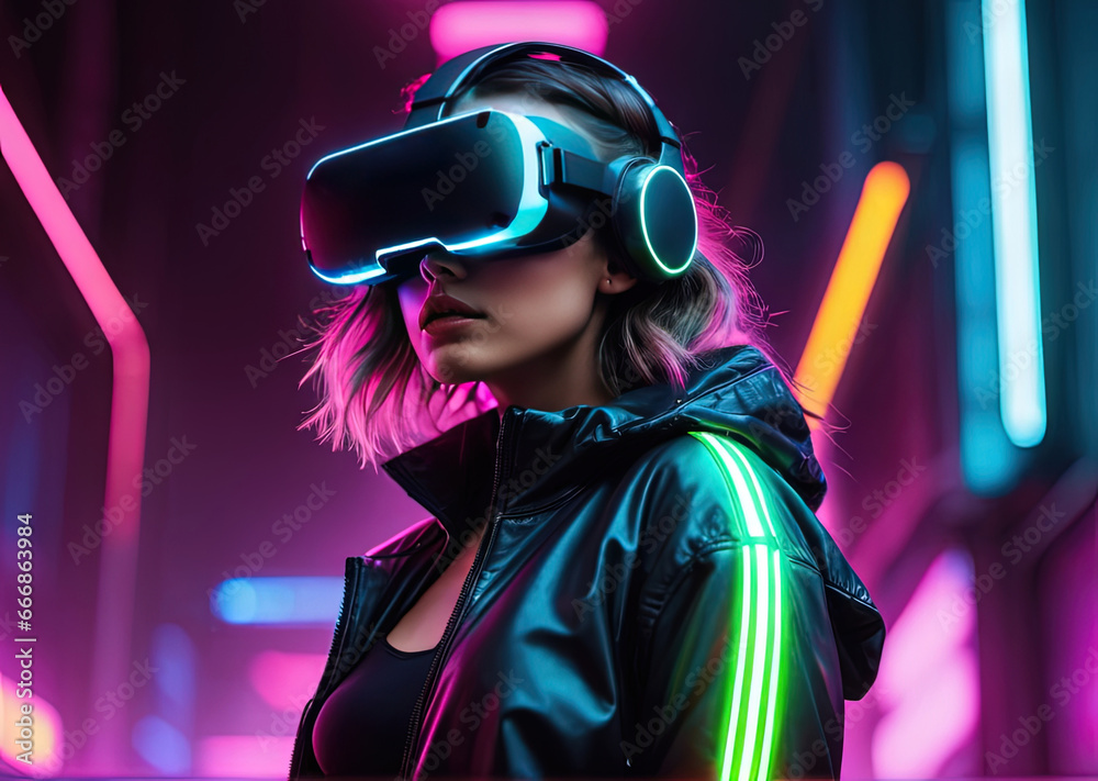 Cyberpunk Woman in VR Glasses and Jacket with Glowing Neon Lights Cyberpunk Woman in VR Glasses and Jacket with Glowing Neon Lights