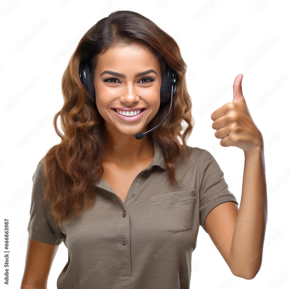 cute asian Call center woman showing thumbs up isolated on transparent background. cute asian Call center woman showing thumbs up isolated on transparent background.