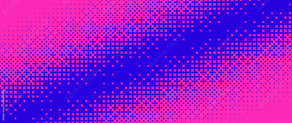 Pixelated corner gradient texture. Blue and pink dither diagonal pattern background. Abstract glitchy pattern. Glitch video game screen wallpaper. Pixel art retro illustration. Vector bitmap backdrop - obrazy, fototapety, plakaty 