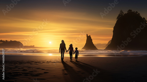 Embracing Sunset Serenity Joyful Trio’s Beachside Stroll on the Mystical Black Sands at Dusk