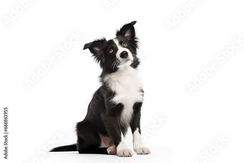 Panting young Black and white Border collie sitting and looking up, One year old, Isolated on white : Generative AI photo