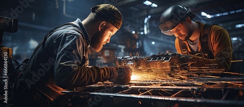Workers using machines to move metal pipe in a factory photo