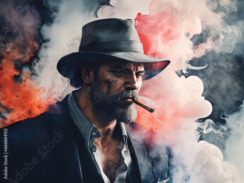 Illustrated Rough Man with Beard in Fedora with Cigar Colorful Smokey Background