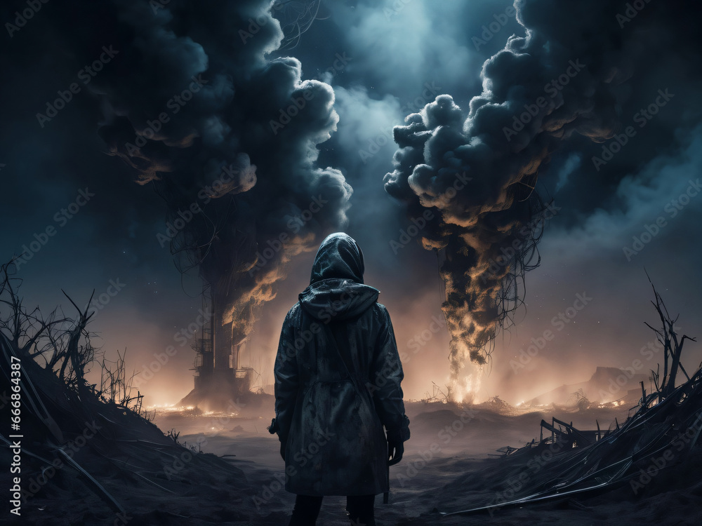 Lone Dystopian Wastlander Standing in Ruins with Billowing Smokee from Distant Fires Lone Dystopian Wastlander Standing in Ruins with Billowing Smokee from Distant Fires
