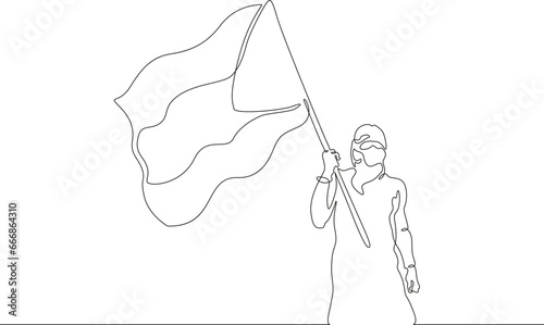 Palestinian with a flag. An Arab holds in his hand the banner of Palestine. One continuous line drawing.Linear. Hand drawn,white background.