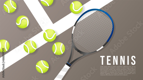 Tennis ball with Tennis racket in  the green tennis court , Simple flat design style , illustration Vector EPS 10, can use for tennis Championship Logo