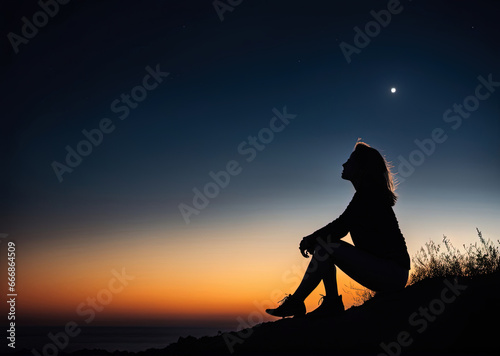Shilouette of Woman in Running Shoes Sitting on Hill with Weeds at Night with Distant Moon