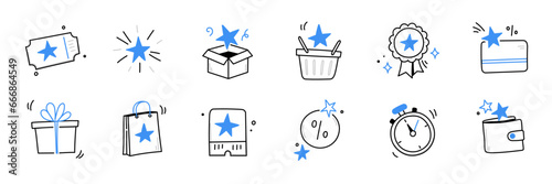 Doodle exclusive, benefit, reward loyalty coupon icon set. Hand drawn sketch style bonus card, loyalty program, vip member icon. Exclusive reward, discount program offer doodle. Vector illustration