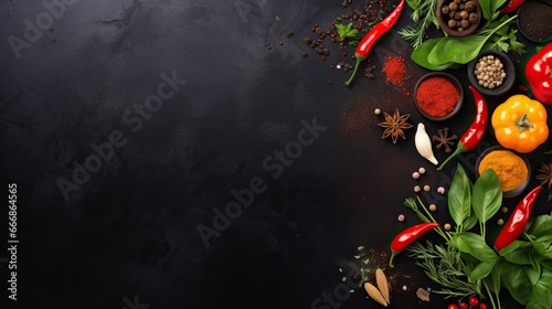 Spices and herbs over black stone background. Top view with free space for menu or recipes.