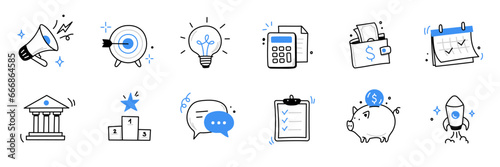 Hand drawn business, money icon set. Finance, money, marketing sketch drawn cute trendy doodle icon. Business money, finance calculator, economic elements. Vector illustration