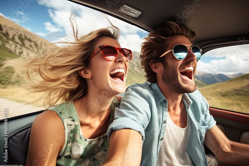 Carefree young couple on summer road trip in convertible car, laughing and sharing the joy of adventure. © Postproduction