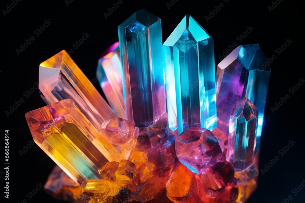 Amazing colorful Quartz Rainbow Flame Blue Aqua Aura crystal cluster closeup macro isolated on black background : Generative AI