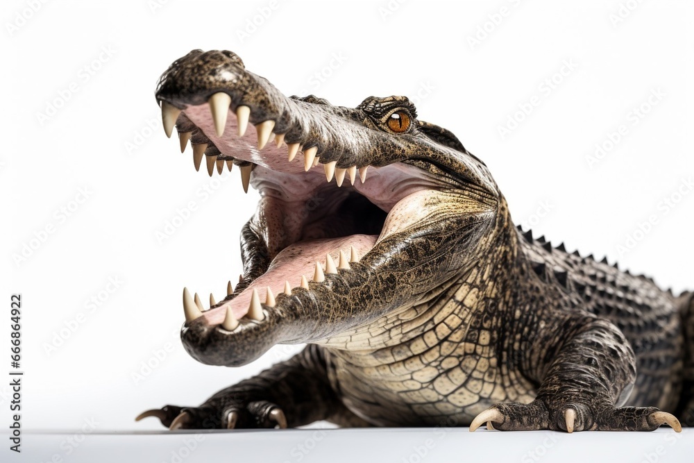 Obraz premium Close up crocodile is action show mouth on white background : Generative AI