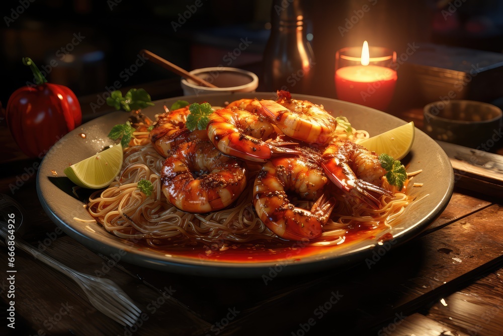 plate of perfectly seared Thai shrimp with a sweet and sour sauce and a side of noodles plate of perfectly seared Thai shrimp with a sweet and sour sauce and a side of noodles