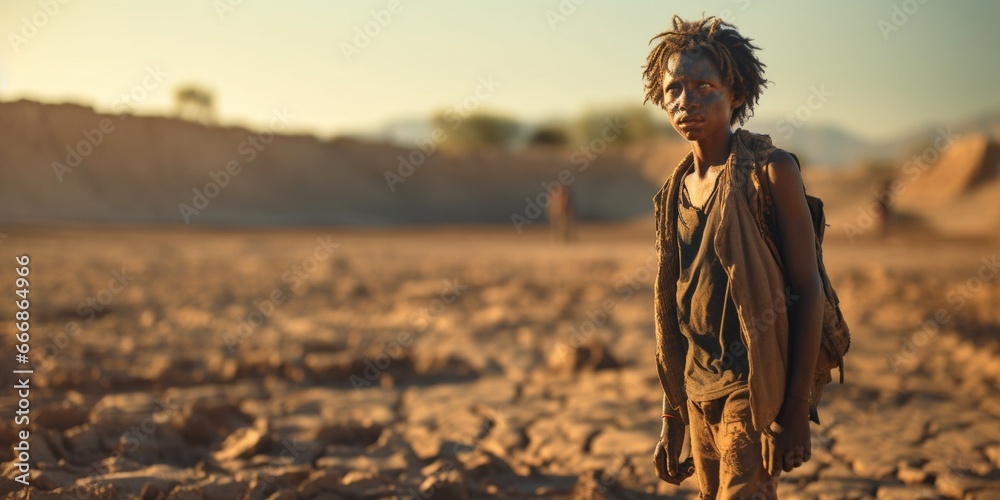 African teenager strained for walking long distance to collect clean water. Water scarcity and drought symbol. : Generative AI - obrazy, fototapety, plakaty 