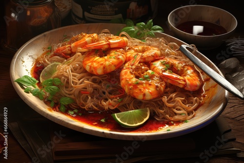 plate of perfectly seared Thai shrimp with a sweet and sour sauce and a side of noodles