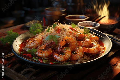 plate of perfectly seared Thai shrimp with a sweet and sour sauce and a side of noodles