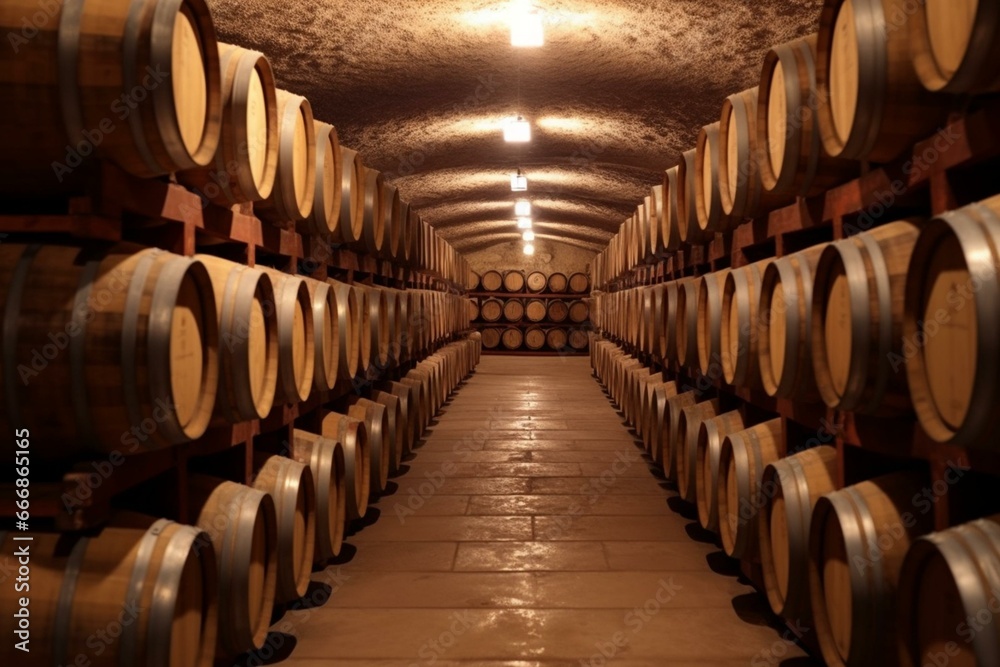 Cellar filled with wooden barrels. Generative AI