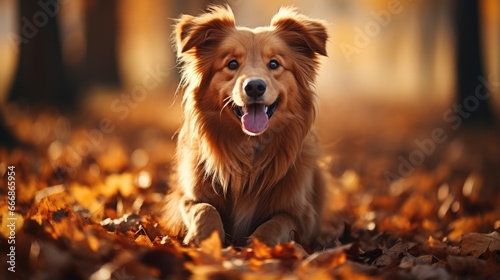 Happy golden retriever dog on natural background at autumn © Алина Бузунова