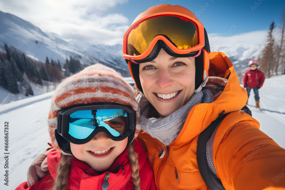 A group of young skiers, including a mother and her children, enjoy a safe alpine downhill skiing vacation in the winter mountains of the Alps, wearing ski gear, eye wear, and helmets, A group of young skiers, including a mother and her children, enjoy a safe alpine downhill skiing vacation in the winter mountains of the Alps, wearing ski gear, eye wear, and helmets,