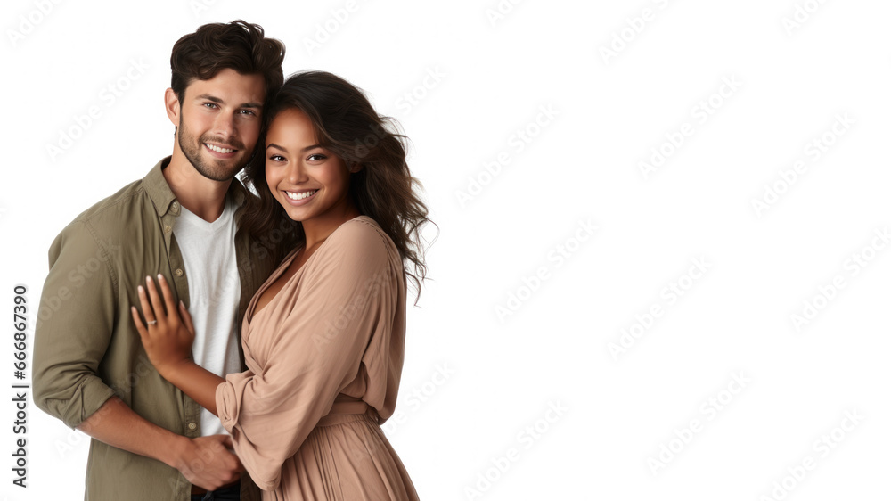 Couple Romantic standing side by side and hugging, isolated on white Couple Romantic standing side by side and hugging, isolated on white