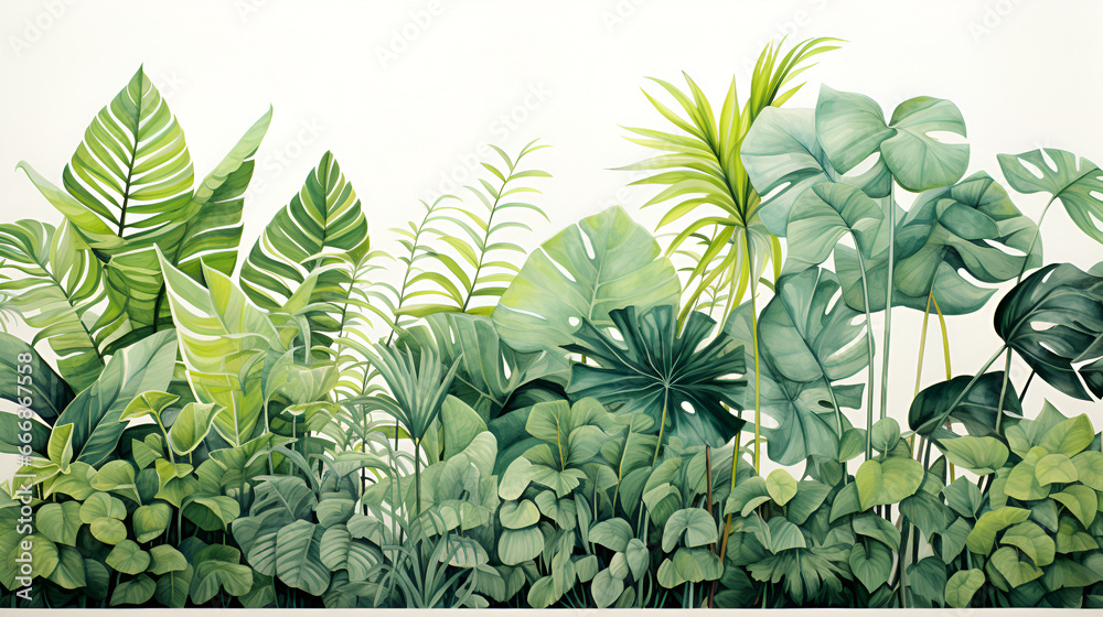 watercolor painting of tropical trees and leaves - obrazy, fototapety, plakaty 