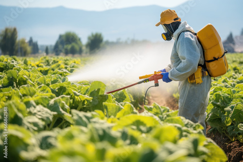 A farmer is spraying pesticides on a field with vegetable plants