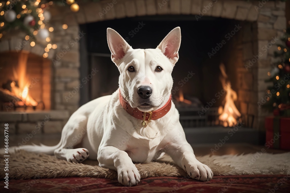 A cute bull terrier dog, adorned with a whimsical Santa hat, romps on a cozy sofa in the heart of a lovingly decorated living room