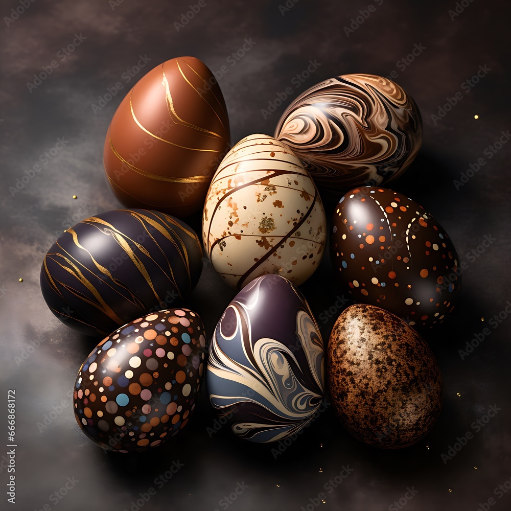 a group of chocolate easter eggs on a brown surface a group of chocolate easter eggs on a brown surface