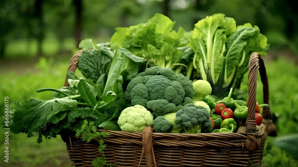 fresh green mix vegetables in big basket in field green plants with agricultural background fresh green mix vegetables in big basket in field green plants with agricultural background
