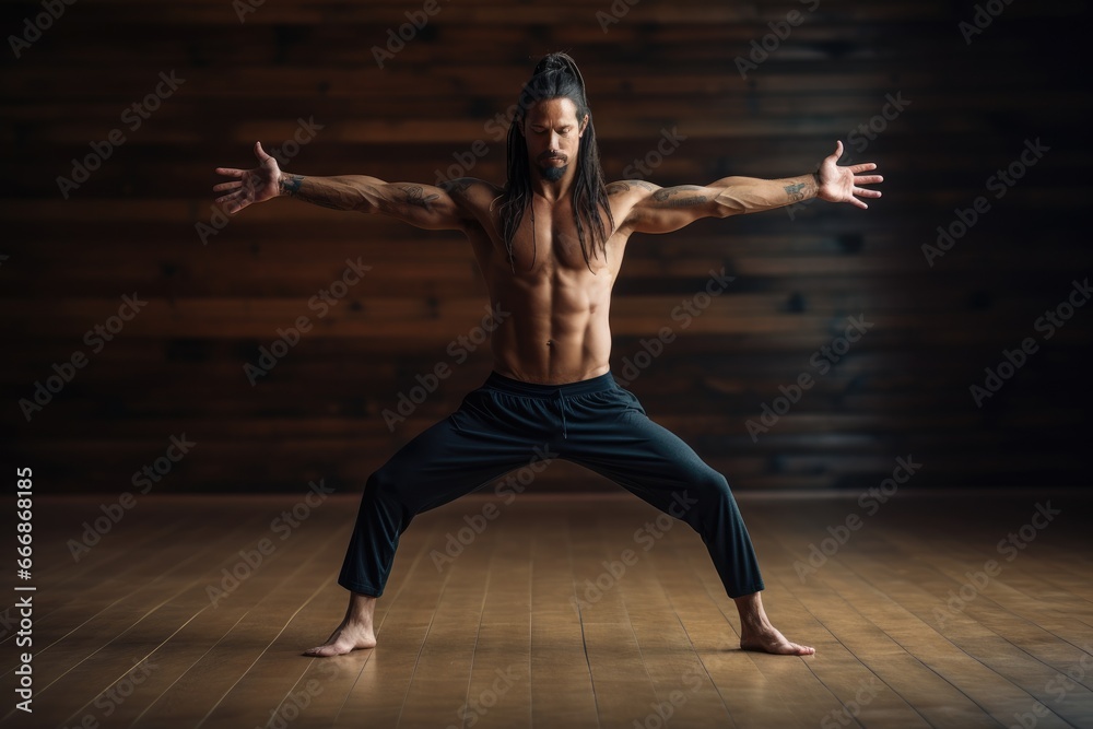 Fitness man practicing yoga for flexibility