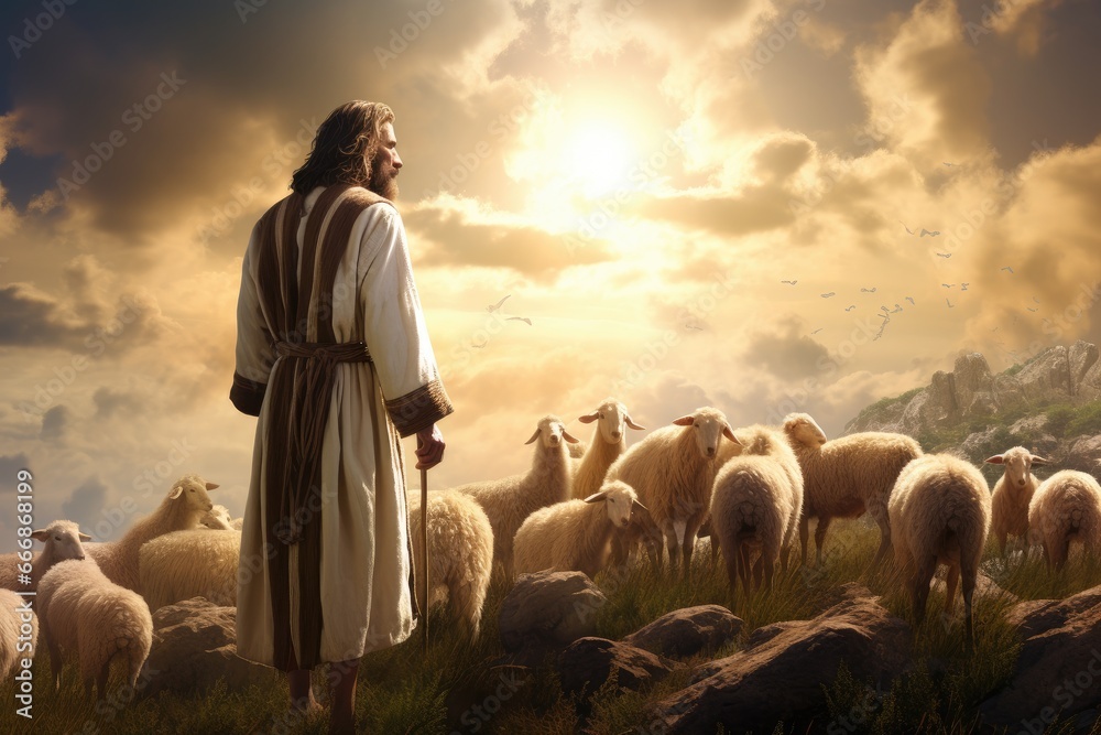 Jesus as the Good Shepherd, pastoral digital art. - obrazy, fototapety, plakaty 