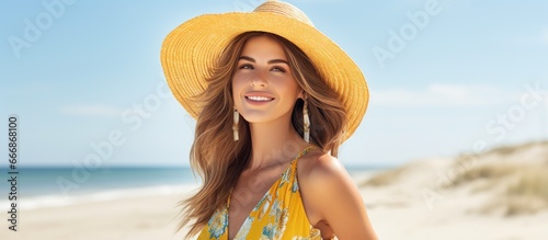 Fashionable slender woman enjoying summer on the beach radiating joy wearing a boho style yellow printed dress and straw hat