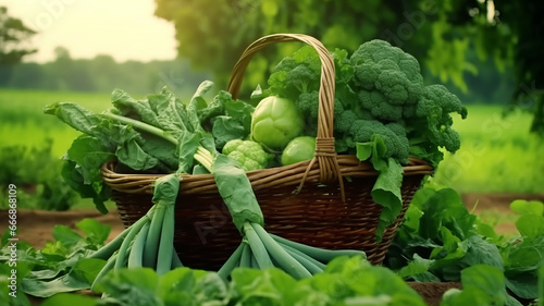 fresh green mix vegetables in big basket in field green plants with agricultural background generative ai