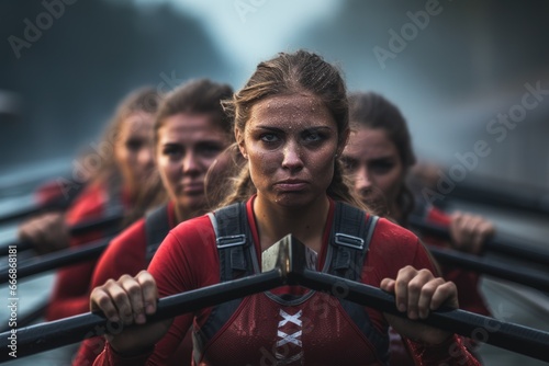 Female rower in sync with her team.