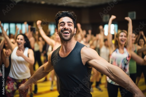 Fitness instructor demonstrating a pose during a Zumba session.