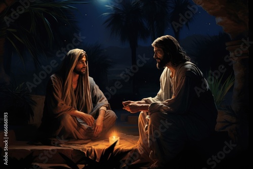 Jesus and Nicodemus, night scene artwork photo