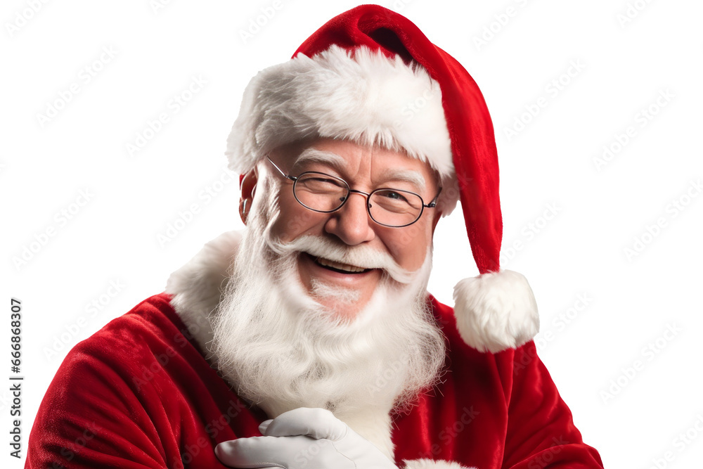 Naklejka premium friendly, smiling santa claus 60-yo , half-length portrait, cutout transparent background