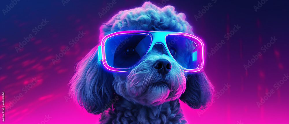 Futuristic illustration: Maltese Poodle dog in VR goggles. Futuristic illustration: Maltese Poodle dog in VR goggles.