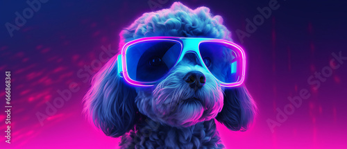 Futuristic illustration: Maltese Poodle dog in VR goggles.