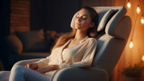 Woman relaxing on electric massage chair in living room.generative ai